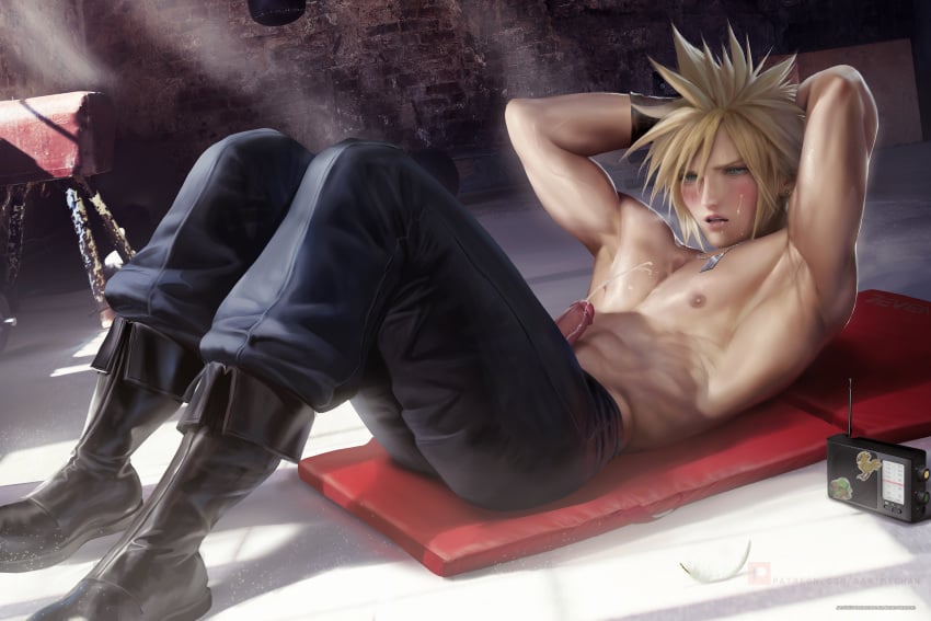 blonde_hair cloud_strife cum cum_on_chest cum_on_face cum_on_own_face cum_on_pecs cum_on_penis dick final_fantasy final_fantasy_vii green_eyes male male_focus male_only penis penis_out pinup sakimichan shirtless solo solo_focus