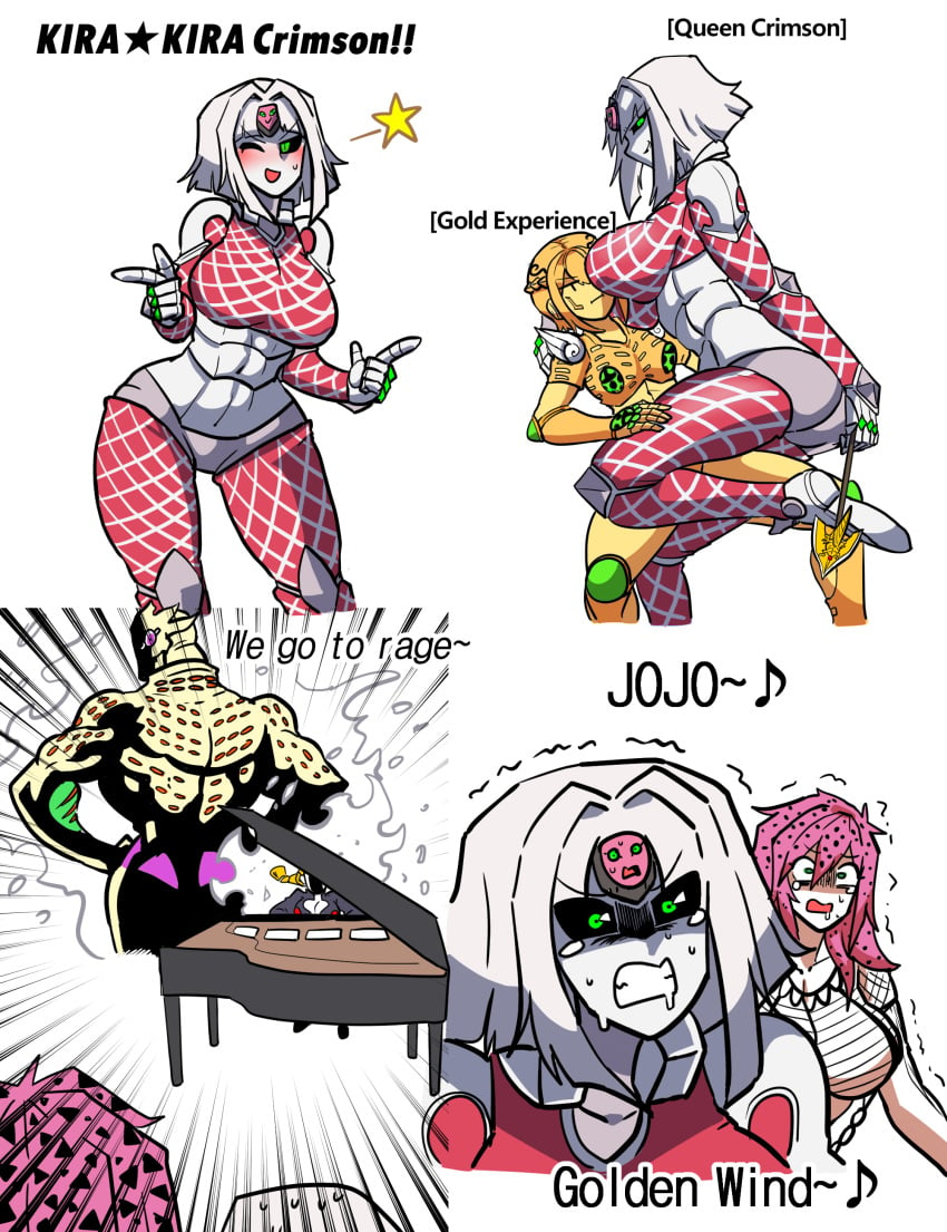 10:13 2020 4girls abs absurd_res arrow ass aura back big_ass big_muscles black_eyes black_sclera blonde_hair blush braid breast_squish breasts character_name cleavage clothed clothing crop_top diavolo english_text epitaph_(jjba) evil_grin eyebrows_visible_through_hair female female_only fishnets genderswap genderswap_(mtf) giorno_giovanna gloves gold_experience gold_experience_requiem green_eyes green_sclera grin hair_between_eyes hand_on_another's_shoulder hand_on_hip hand_on_leg hand_on_shoulder heart heart_cutout highres holding_arrow humanized humanoid jojo's_bizarre_adventure king_crimson ladybug large_breasts long_hair looking_at_another looking_at_viewer looking_back mannungei medium_breasts multiple_girls muscles muscular muscular_female musical_note navel one_eye_closed open_mouth piano pink_hair pink_skin playing_piano pointing pointing_at_viewer pose purple_eyes quaver raised_leg revealing_clothes rule_63 saliva saliva_trail scared shadow shoes short_hair simple_background singing single_braid small_breasts smile speed_lines stand_(jjba) star sweat sweating tears text thick_thighs thighs tongue transformation trembling vento_aureo white_background white_hair white_skin wide_hips wings wink yellow_gloves yellow_skin yuri