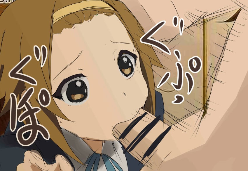 blowjob fellatio female forced_oral hand_on_head innocent k-on! kneeling kneeling_oral_position male nier_(artist) on_knees oral oral_sex partial_male penis ritsu_tainaka_(k-on!) teenager worried_expression