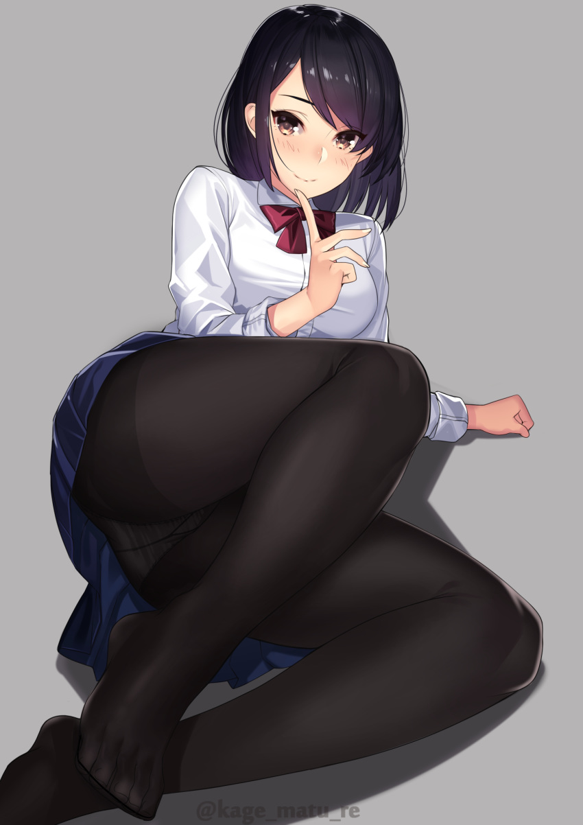 1girls ass bangs black_hair black_legwear blue_skirt blush bow brown_eyes dress_shirt feet female female_only highres kagematsuri legs looking_at_viewer medium_hair no_shoes original panties panties_under_pantyhose pantyhose pleated_skirt red_bow school_uniform schoolgirl shirt sitting skirt smile solo thighband_pantyhose thighs underwear white_shirt