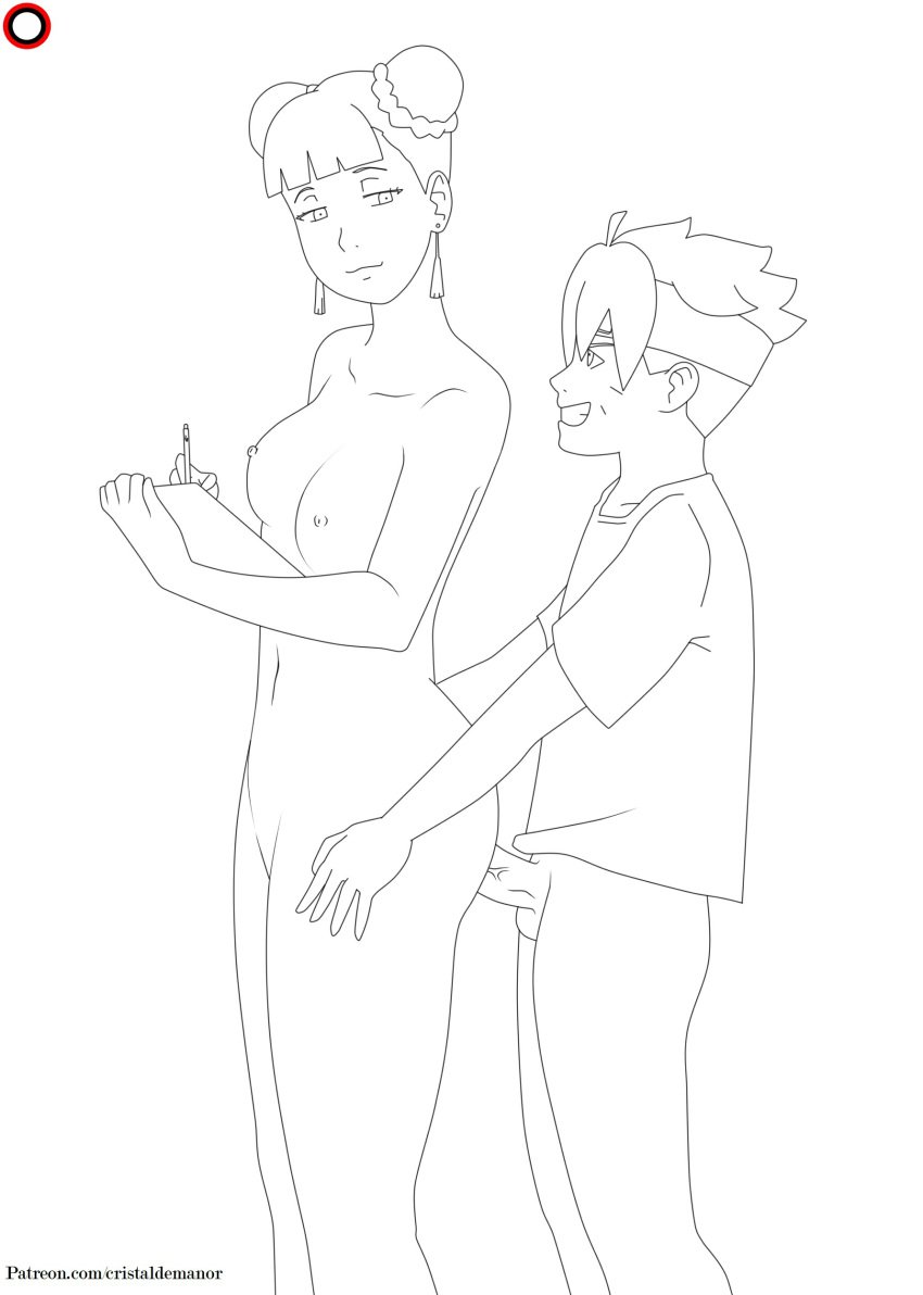 1boy 1girls age_difference boruto:_naruto_next_generations bottomless clipboard clothed_male_nude_female cristalmanor double_bun forehead_protector line_art list naruto naruto_(series) pen penetration penis sex shirt short_hair smile standing tenten tied_hair uzumaki_boruto writing