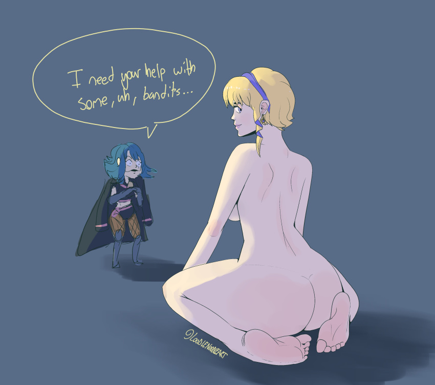 ass back back_view bare_legs bare_shoulders big_ass big_breasts blonde_hair blue_eyes byleth_(fire_emblem) byleth_(fire_emblem)_(female) constance_von_nuvelle earrings english_text feet fire_emblem fire_emblem:_three_houses hairband huge_ass lips loodlenoodleart looking_at_viewer looking_back nintendo nude nude_female on_knees short_hair soles text