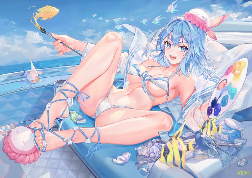 1girls armpits atdan bare_arms bare_legs blue_eyes blue_footwear blue_hair blue_high_heels blue_sky blue_swimsuit breasts fangs feet feet_together female foot_fetish haiyi high_heel_sandals high_heels looking_at_viewer open_toe_shoes painting sandals sitting smile swimsuit synthesizer_v tagme toenails toes