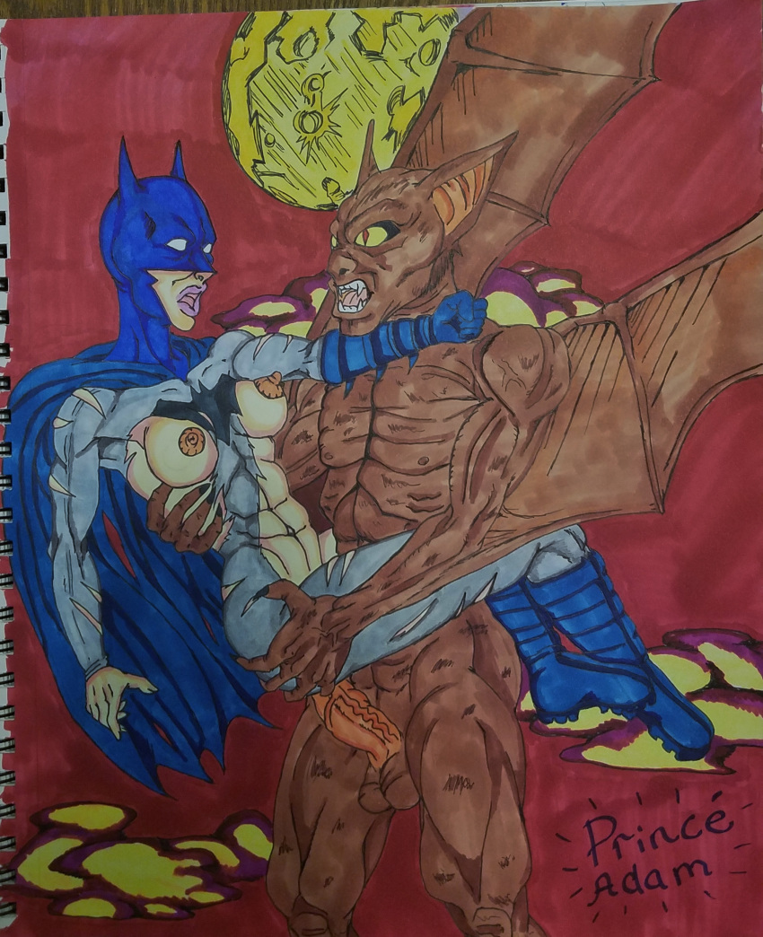 batman batman:_arkham_knight batman_(bruce_wayne) batman_(series) big_penis bruce_wayne clothing clouds dc dc_comics defeated defeated_heroine earth_11 flying genderswap half_naked male man-bat monster moon penis princeadam rape rule_63 torn_bodysuit traditional_media_(artwork) vaginal_penetration vaginal_sex