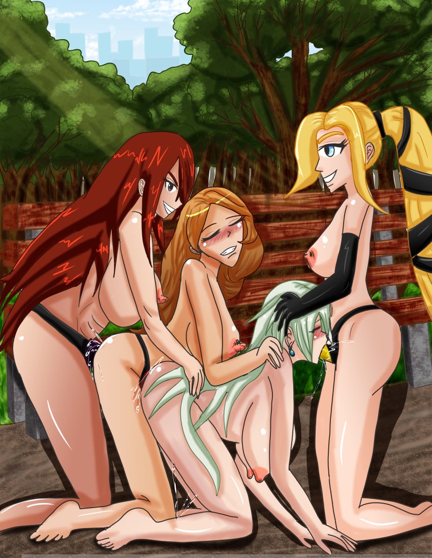 4girls all_fours amateur_artist ass blue_eyes blush blushing breasts brown_eyes chloe_bourgeois crossover dildo earrings eastern_and_western_character elizabeth_liones erza_scarlet erzaxzoro1991 fairy_tail female female_only flush flushing forest harry_potter human human_only kneeling light-skinned_female light_skin love_train lube lube_drip lucky_pierrette luna_lovegood miraculous_ladybug multiple_girls nanatsu_no_taizai nipple_piercing nipples nude oily outside park red_hair redhead sex_toy shiny_skin strap-on strap-on_fellatio strap-on_spitroast strap-on_train teeth train_position tree trees whentai yellow_hair yuri