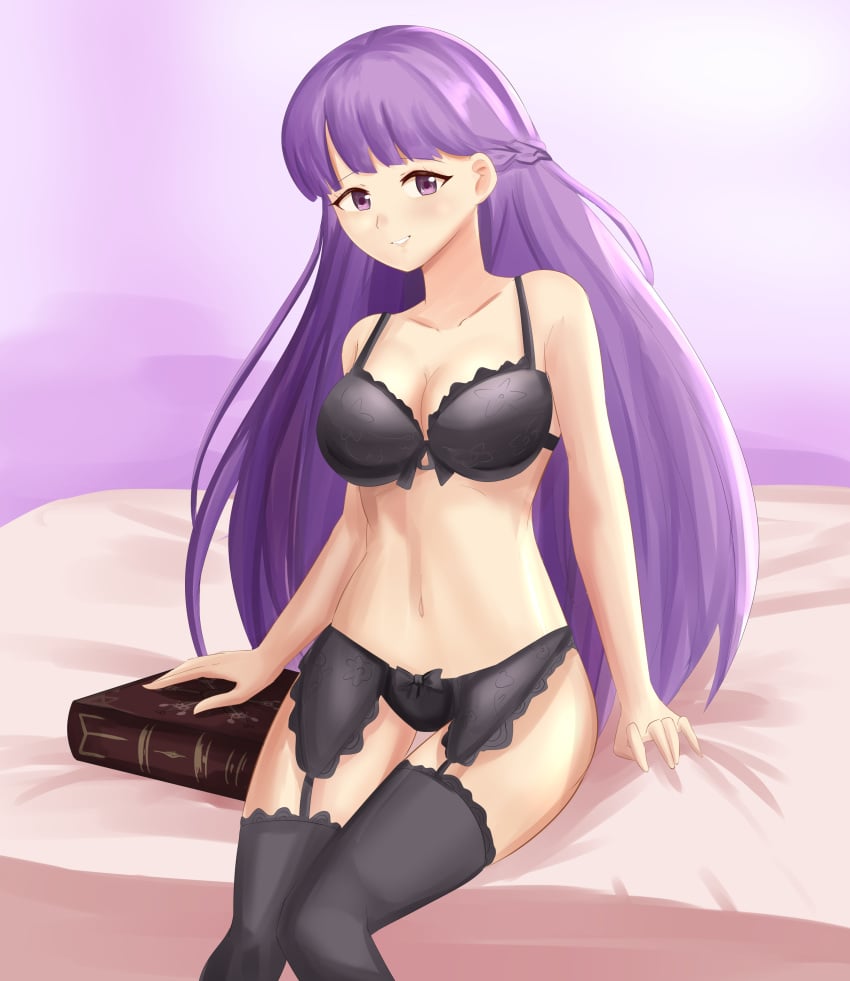 1girls black_lingerie book fire_emblem fire_emblem:_the_binding_blade garter_belt lingerie long_hair looking_at_viewer manakete on_bed purple_eyes purple_hair sitting smile solo solo_female sophia_(fire_emblem) stockings thighhighs underwear very_long_hair zipperqr