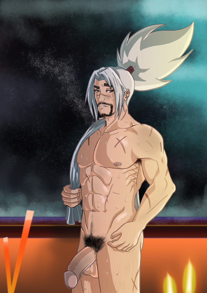 1boy beard league_of_legends male male_only odyssey_series odyssey_yasuo penis pubic_hair sweat tagme towel towel_on_shoulder white_hair yasuo