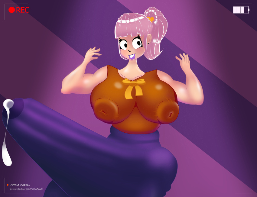 1futa big_ass big_balls big_breasts big_penis bulge chubby cum dickgirl futa_only futanari futika_models orange_shirt original_character pink_hair purple_lipstick purple_skirt solo