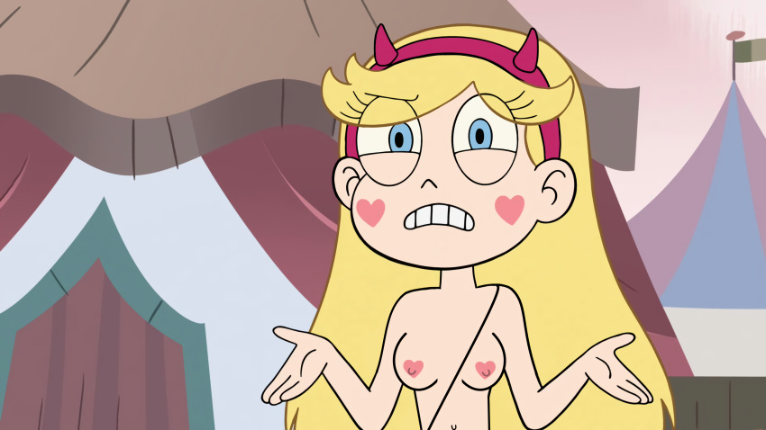 bag blonde_hair blue_eyes breasts casual edit glaw_(artist) headband heart-shaped_areola heart_cheeks nipples nude_filter outdoors star_butterfly star_vs_the_forces_of_evil