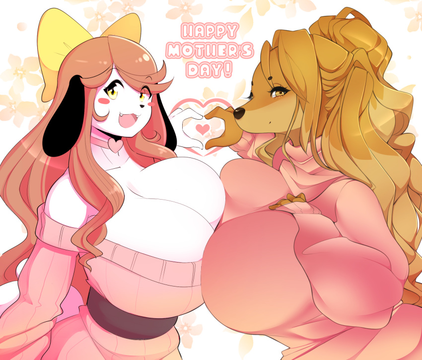 :3 anthro breast_press cherrikissu dogmom hand_heart holidays holly_applebee mabel_(cherrikissu) mother's_day pink_sweater tagme theycallhimcake