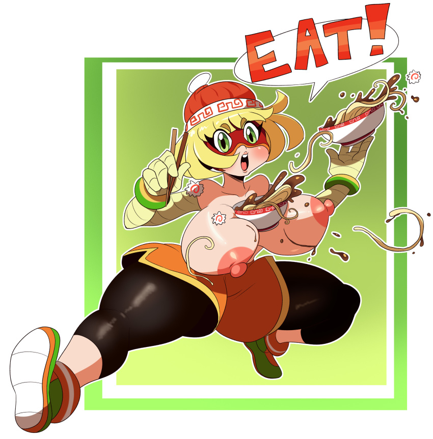 1girls areolae arms_(game) big_breasts blonde_hair bowl eye_contact female green_eyes huge_breasts huge_thighs large_breasts lewdloaf looking_at_viewer medium_hair min_min_(arms) nintendo nipples pale-skinned_female pale_skin ramen speech_bubble teenager text thick_thighs thighs