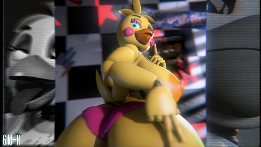 1girls 3d 3d_(artwork) 5_fingers ahe_gao ass bib big_ass big_breasts big_butt black_and_white blue_eyes blush breasts butt chicken eyes_rolling_back five_nights_at_freddy's five_nights_at_freddy's_2 gild-a_(artist) hand_on_ass happy_birthday looking_at_viewer o_face orange_nipples pink_cheeks pink_panties purple_eyeshadow red_star smile smiling smirk solo solo_female toy_chica_(fnaf) vhs wide_hips yellow_body