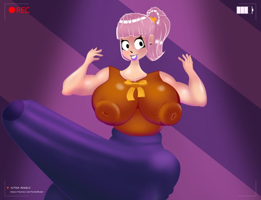 1futa big_ass big_balls big_breasts big_penis bulge chubby dickgirl futa_only futanari futika_models orange_shirt original_character pink_hair purple_lipstick purple_skirt solo