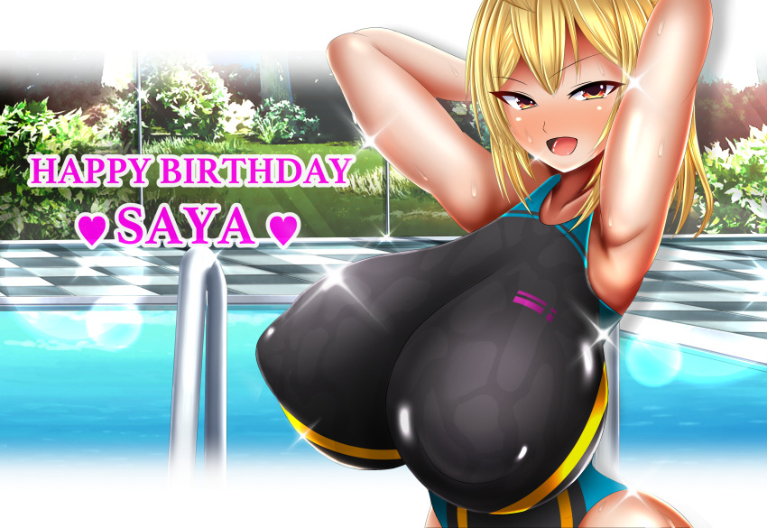 1girls 2019 absurd_res armpits arms_behind_head arms_up blonde_hair blush borrowed_character breasts competition_swimsuit eyebrows_visible_through_hair female female_only haks happy_birthday highres hyper_breasts looking_at_viewer mameneko nipple_bulge one-piece_swimsuit open_mouth orange_eyes original outdoors pool saaya_(kirome) shiny short_hair smile solo standing swimming_pool swimsuit text thighs tongue virtual_youtuber wet