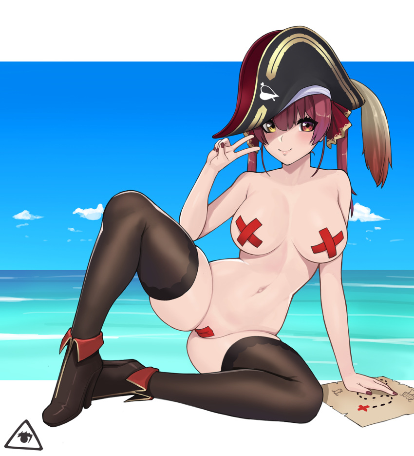 ankle_boots bandaid bandaids_on_nipples beach bicorne black_footwear black_legwear blue_sky blush boots breasts cameltoe day donburikazoku female full_body hair_between_eyes hair_ribbon hat heterochromia high_heel_boots high_heels highres hololive hololive_fantasy hololive_japan houshou_marine large_breasts lips looking_at_viewer maebari map nail_polish naked_boots naked_footwear naked_hat naked_stockings naked_thighhighs navel no_eyepatch nude ocean orange_eyes pasties pirate_hat purple_nails red_hair red_pasties red_ribbon ribbon skindentation sky smile solo spread_legs stockings thighhighs twintails v very_high_heels virtual_youtuber x_pasties yellow_eyes