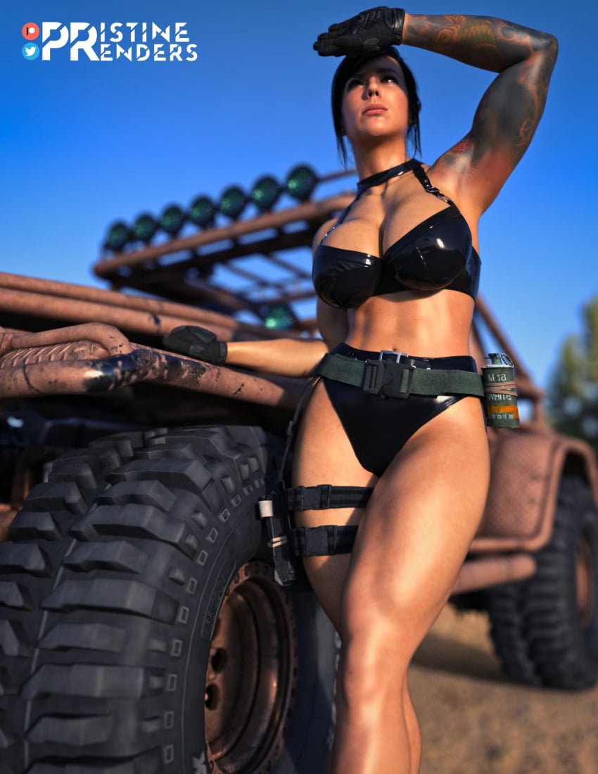 1girls 3d absurd_res big_breasts black_hair bra breasts call_of_duty call_of_duty_modern_warfare_2_(2022) cleavage female female_only green_eyes hi_res large_breasts light-skinned_female light_skin looking_at_viewer mara_(cod) panties pristinerenders solo tattoo thick_thighs