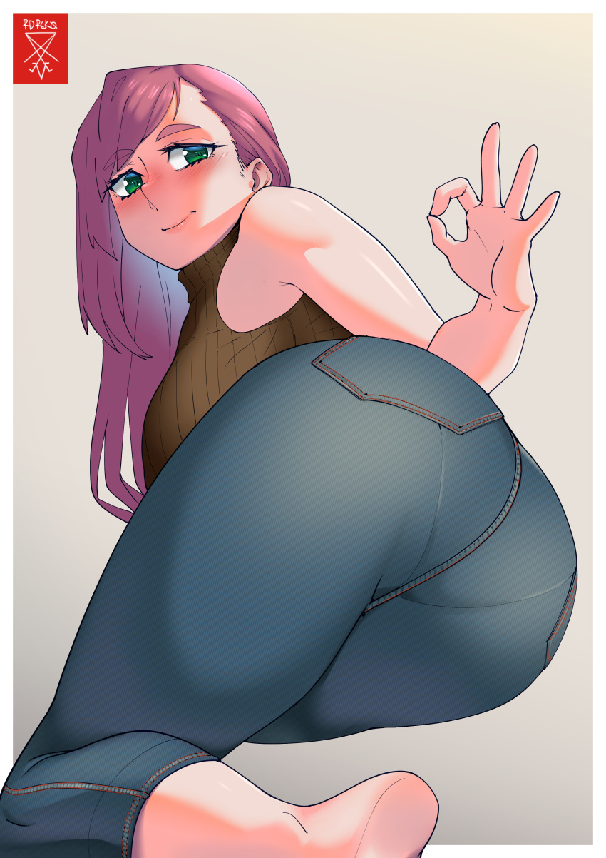 1girls ass big_ass big_breasts breasts female female_only green_eyes human jeans long_hair looking_at_viewer looking_back okay_sign original original_character pants pantylines pink_hair radrick0 smile solo tagme tight_jeans tight_pants