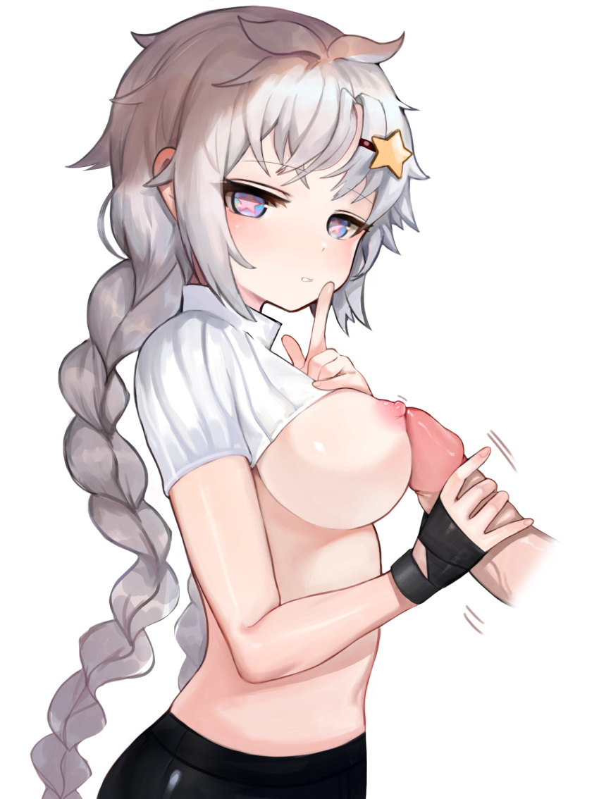 1boy blue_eyes braid breasts disembodied_penis dokomon female from_side girls'_frontline hair_ornament handjob highres large_breasts long_hair looking_at_viewer nipples ots-12_(girls_frontline) penis quiet_gesture short_sleeves silver_hair solo_focus star-shaped_pupils star_(symbol) star_hair_ornament straight symbol-shaped_pupils twin_braids uncensored very_long_hair