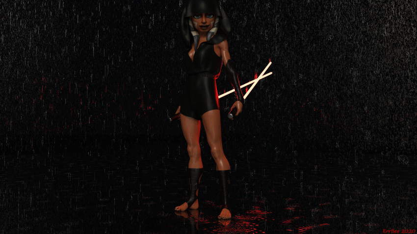 1girls 3d ahsoka_tano alien_girl athletic barefoot black_nails blue_eyes clone_wars clothed clothing errbee feet female female_only full_body hood legs lekku lightsaber looking_at_viewer orange_skin pose rain red_lightsaber sith smile solo solo_female standing star_wars toes togruta wallpaper wet