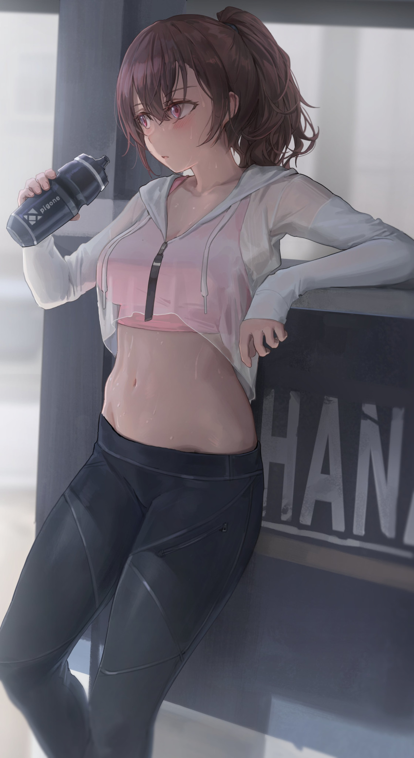 1girl 1girls absurdres belly belly_button breasts cleavage crop_top_jacket cropped_jacket female female_only highres jogging_pants looking_to_the_side ponytail solo sweat sweating yohan1754