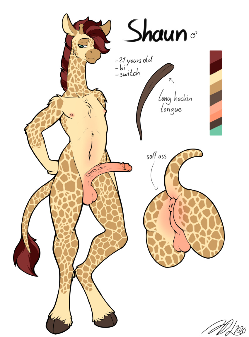 2020 absurd_res anthro anus ass backsack balls black_text character_name chest_tuft fiercedeitylynx fur fur_tuft genitals giraffe giraffid glans hair hi_res hooves horn humanoid_genitalia humanoid_penis male male_only mammal model_sheet navel nipples nude ossicone penis perineum pose raised_tail retracted_foreskin solo tail_tuft tan_body tan_ears tan_fur text tuft uncut