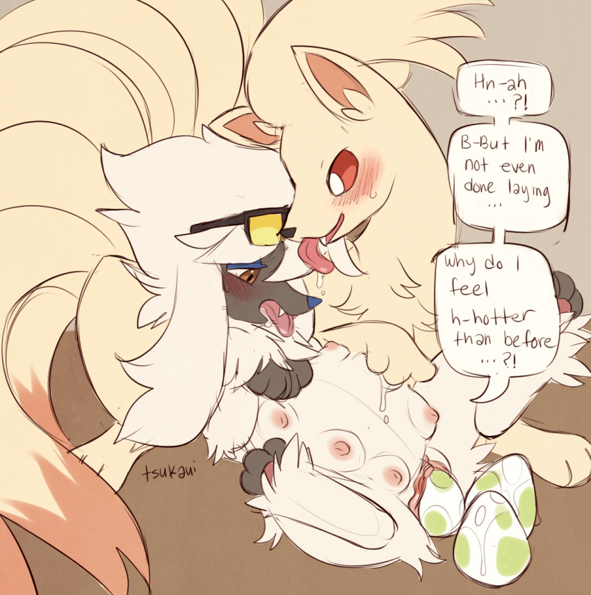 1boy 2d blush canine egg_laying eggs female feral_on_feral furfrou furry mammal ninetales nintendo pokemon pregnant tsukaui