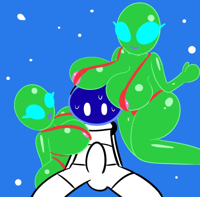 absurd_res alien anon anthro areola astronaut bikini bodily_fluids boob_hat breasts clothing erection erection_under_clothing exposed_breasts faceless_male female flustered group hi_res human humanoid male mammal mark_m space star sweat swimwear teasing