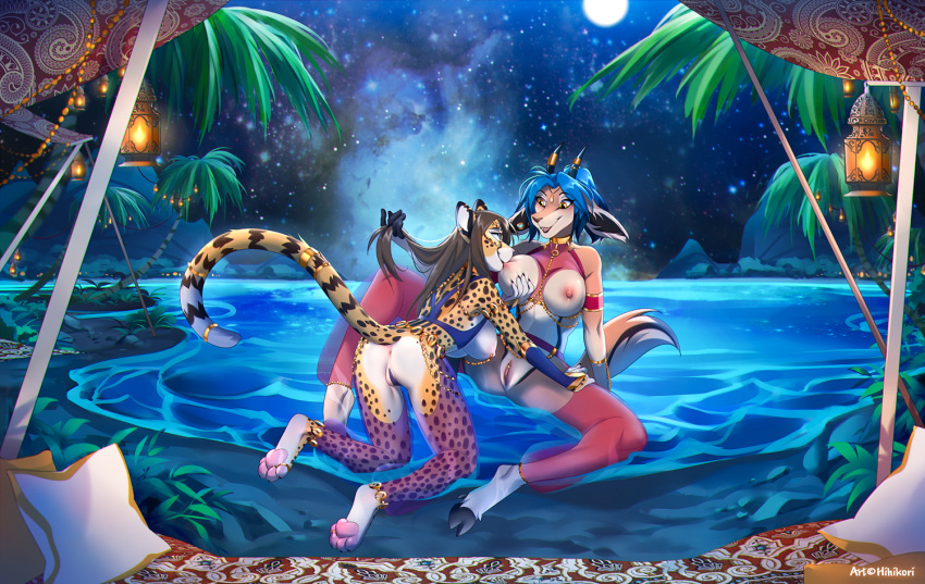 2020 4_toes 5_fingers antelope areola blue_hair bovid breasts brown_hair cheetah detailed_background digital_media_(artwork) felid feline female female/female fingers furry gazelle hair hihikori horn mammal moon night nipples outside sky smile star starry_sky toes yuri