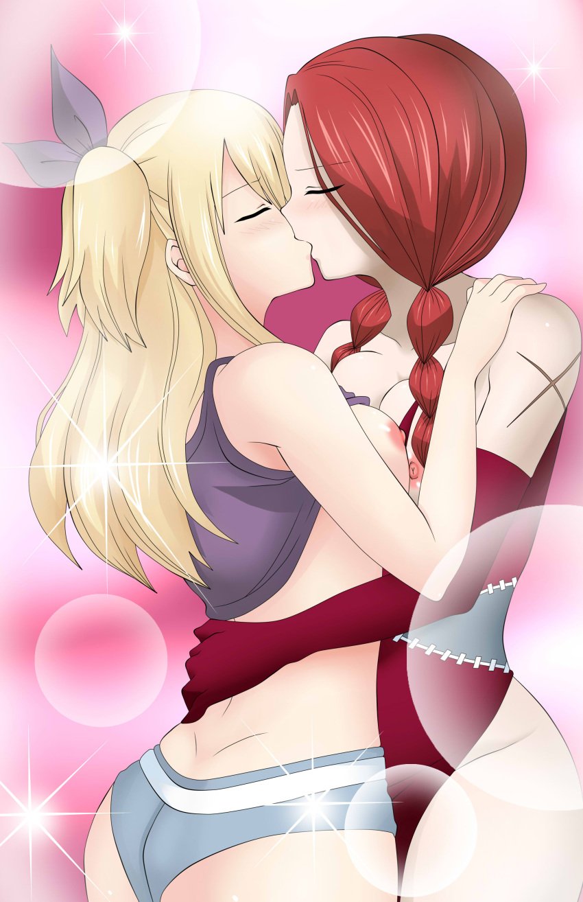 blonde_hair breasts brown_eyes closed_eyes dmayaichi dress fairy_tail female_only flare_corona kissing lucy_heartfilia red_hair shorts twintails yuri