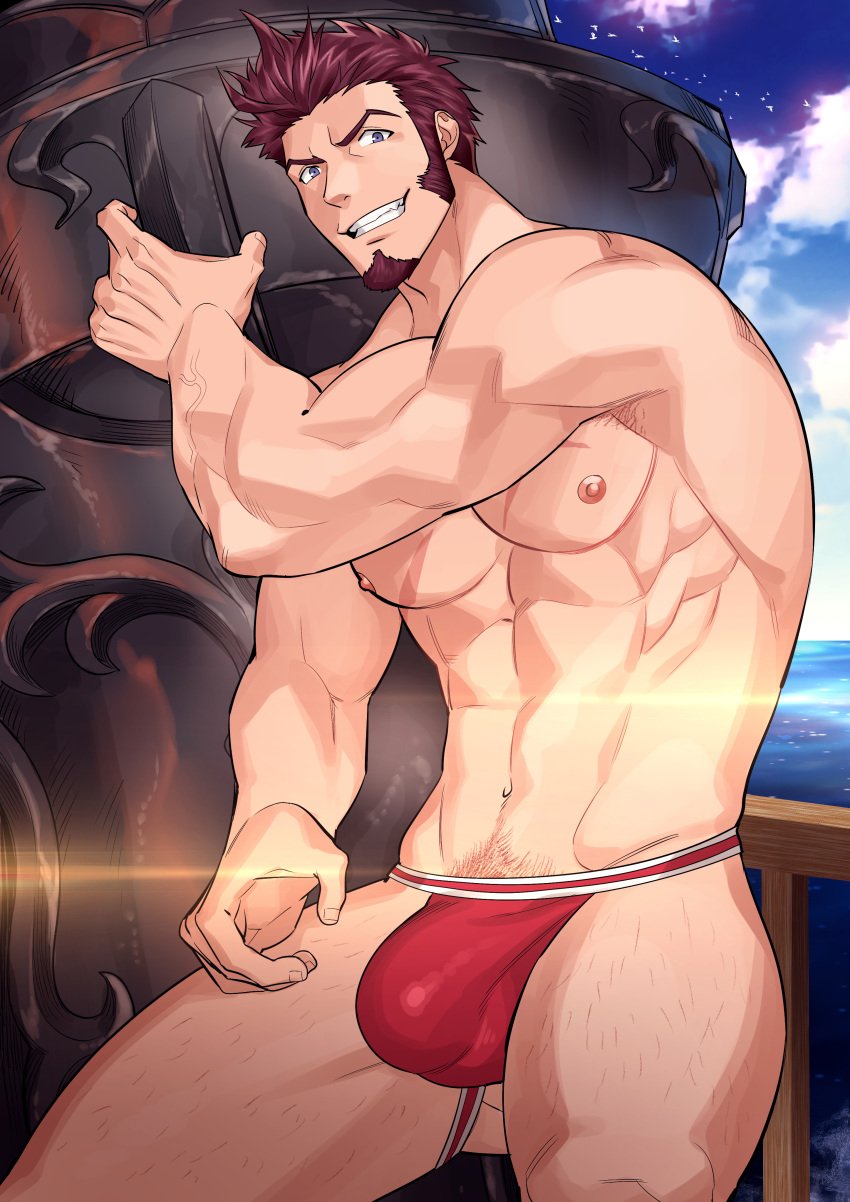 1boy absurdres bara beard blue_eyes body_hair brown_hair bulge chest facial_hair fate/grand_order fate_(series) highres holding holding_weapon huge_weapon human human_only kienbiu looking_at_viewer male_focus male_nipples male_only male_pubic_hair male_underwear muscle muscular_male napoleon_bonaparte_(fate) paid_reward patreon_reward red_underwear scar smile solo underwear underwear_only weapon