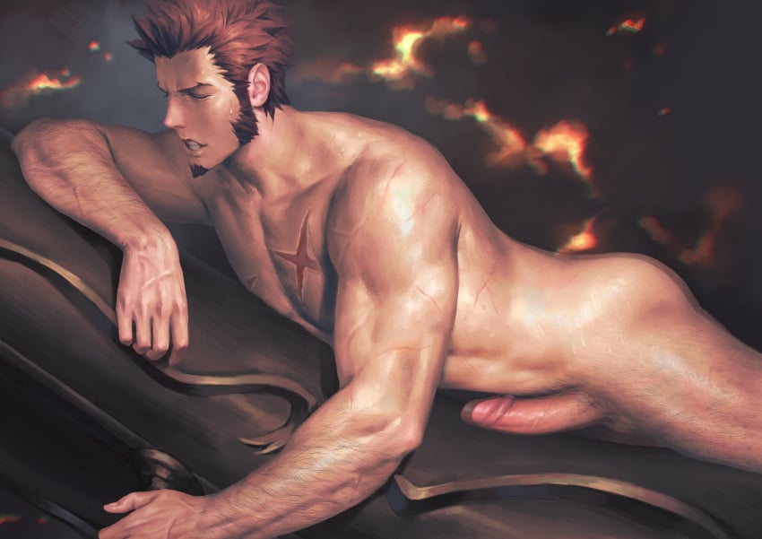 1boy abs absurdres bara beard blue_eyes body_hair brown_hair chest erection facial_hair fate/grand_order fate_(series) frottage hand_in_hair highres huge_weapon looking_at_viewer lying male male_focus male_only masturbation muscle napoleon_bonaparte_(fate) nude on_stomach paid_reward patreon_reward penguin_frontier penis rubbing scar smile solo veins veiny_penis weapon