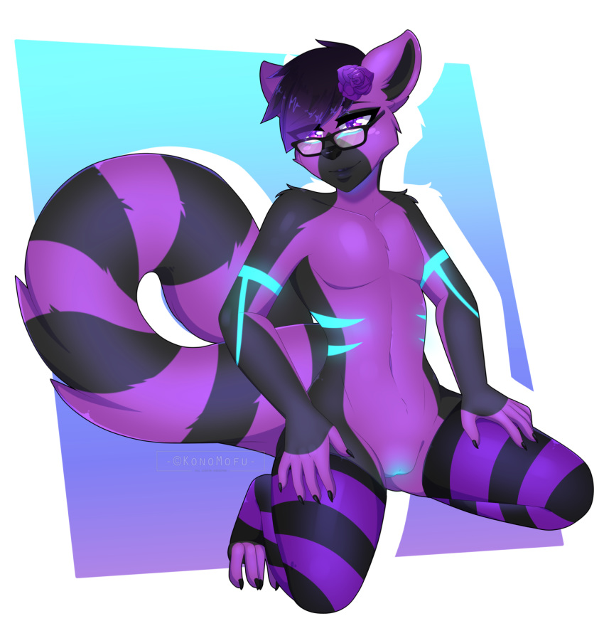 ambiguous_gender andromorph anthro cuntboy cyanotic_epithelium female genitals hi_res humanoid intersex kneeling konomofu lemur mammal pinup pose primate pussy solo strepsirrhine