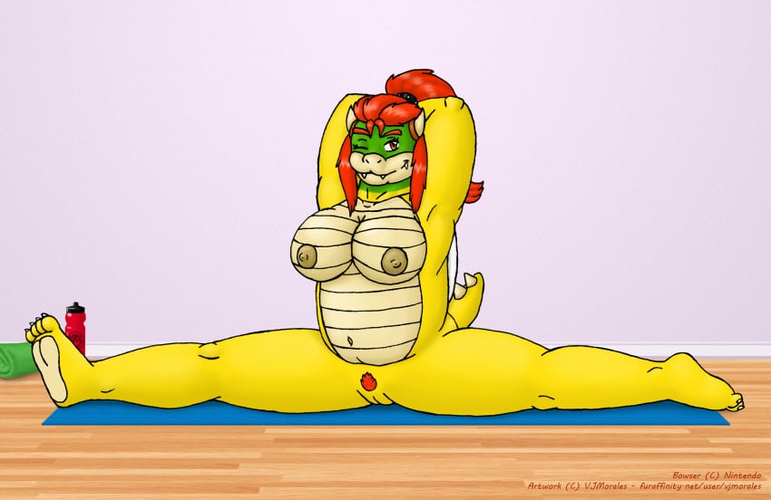 4_toes big_breasts bowser breasts claws female female_bowser flexible genderswap genitals hair hands_behind_head hi_res koopa mario_(series) navel nintendo nipples one_eye_closed ponytail pubes pussy red_eyes red_hair rule_63 scalie shell slightly_chubby smile soles solo splits spread_legs spreading toe_claws toes video_games vjmorales wink yoga yoga_mat