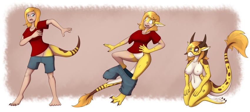 2020 alpha_channel anthro barefoot blonde_hair blue_eyes breasts clothing dragon falling female genitals hair hi_res horn_growth human_to_anthro kneeling nipples nude pussy scalie sequence shirt simple_background solo species_transformation standing surprise tail_growth tomek1000 topwear transformation yellow_body