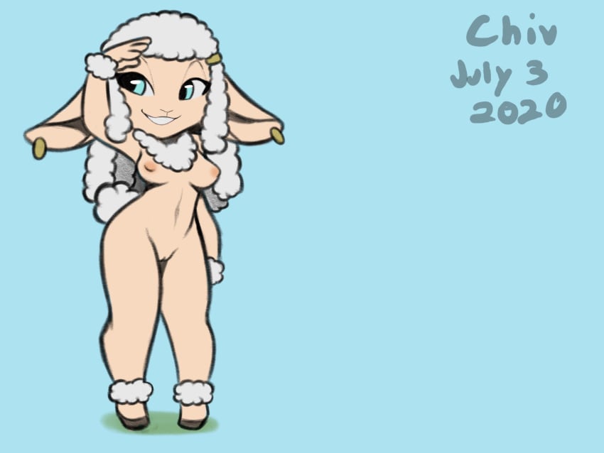 anthro areola biped blue_eyes bovid braided_fur braided_hair breasts caprine chest_tuft domestic_sheep ear_piercing eyeball6300_(chiv) female front_view fur genitals hair hi_res mammal navel neck_tuft nipples nude piercing pussy sheep simple_background smile solo thick_thighs tuft white_body white_fur white_wool wide_hips wool_(fur)