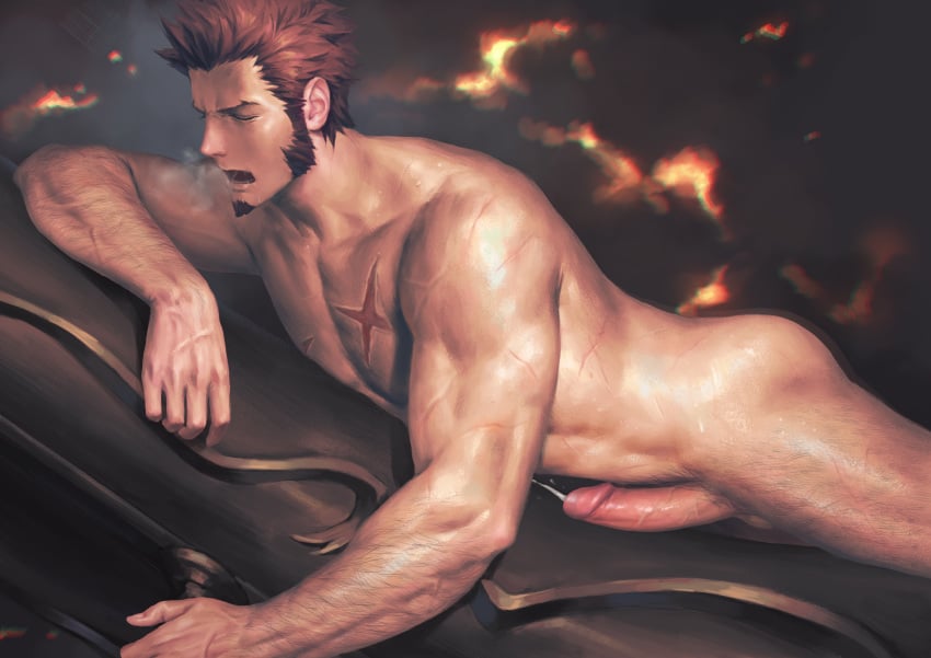 1boy abs absurdres bara beard blue_eyes body_hair brown_hair chest cum erection facial_hair fate/grand_order fate_(series) hand_in_hair highres huge_weapon looking_at_viewer lying male male_focus male_only masturbation muscle napoleon_bonaparte_(fate) nude on_stomach paid_reward patreon_reward penguin_frontier penis scar smile solo veins veiny_penis weapon