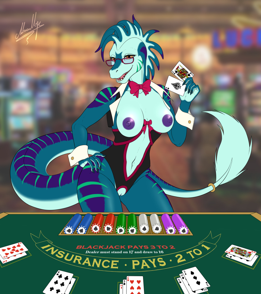 absurd_res anthro blackjack_(disambiguation) blue_body blue_skin breasts card english_text eyewear female genitals glasses growingdragon hi_res lizard maren_(tenpoundhammer) non-mammal_breasts playing_card purple_body purple_skin pussy reptile scalie solo tail_tuft text tuft