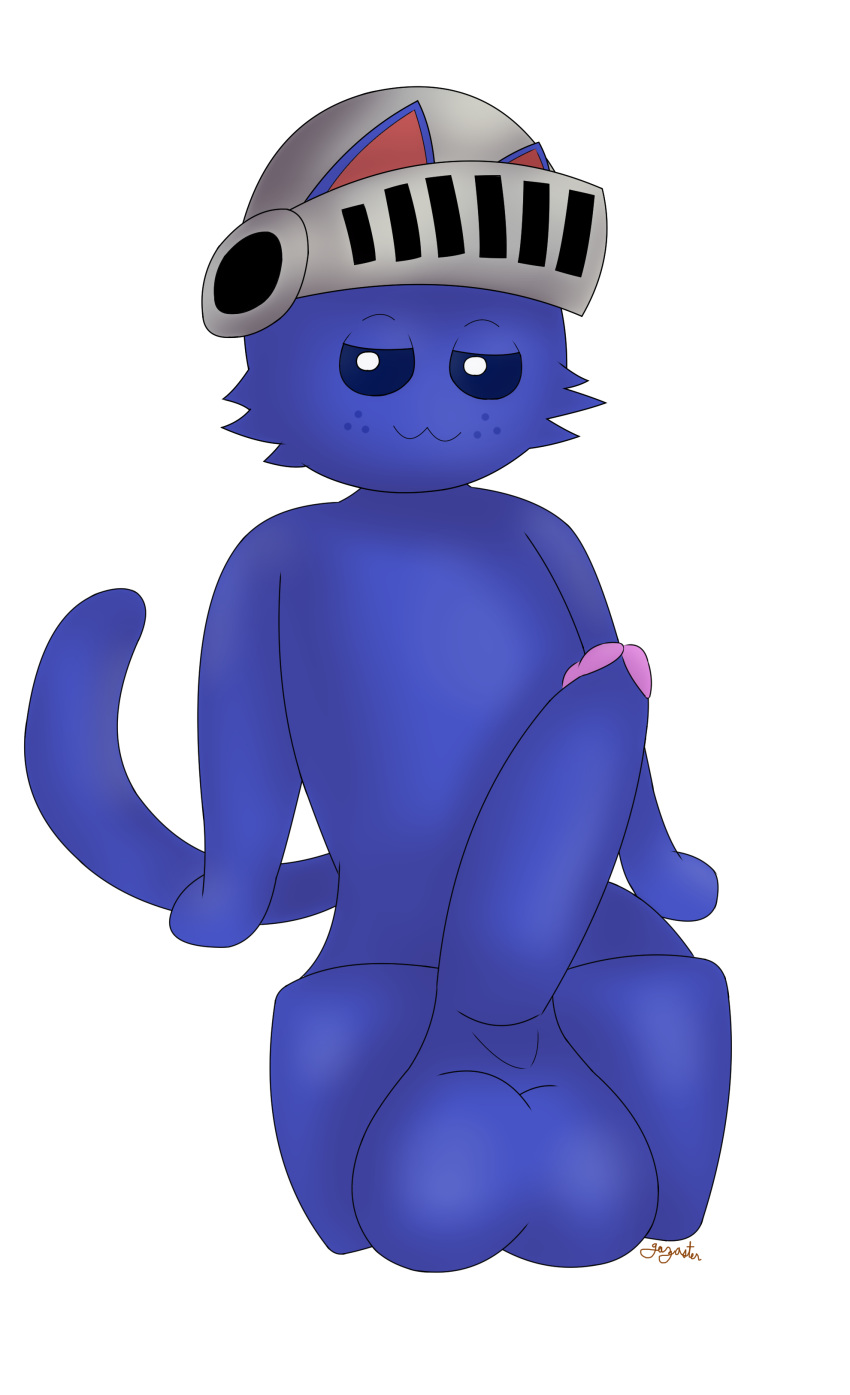 2020 absurd_res alpha_channel anthro armor balls big_balls big_penis blue_body blue_fur blue_sclera blue_skin cheek_tuft dark_sclera digital_media_(artwork) domestic_cat epic_battle_fantasy erection facial_tuft felid feline felis freckles fur fur_tuft gazaster genitals headgear helmet hi_res huge_balls huge_cock humanoid_genitalia humanoid_penis legless looking_at_viewer male male_only mammal medieval_armour nolegs_(ebf) penis sitting slit_visor smile smug solo solo_male tuft video_games