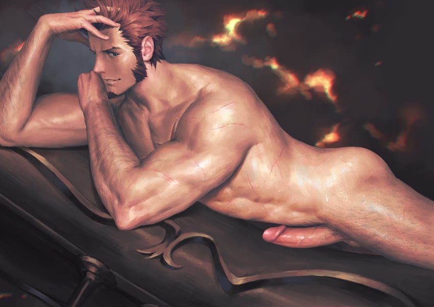 1boy abs absurdres bara beard blue_eyes body_hair brown_hair chest erection facial_hair fate/grand_order fate_(series) hand_in_hair highres huge_weapon looking_at_viewer lying male male_focus male_only masturbation muscle napoleon_bonaparte_(fate) nude on_stomach paid_reward patreon_reward penguin_frontier penis scar smile solo veins veiny_penis weapon