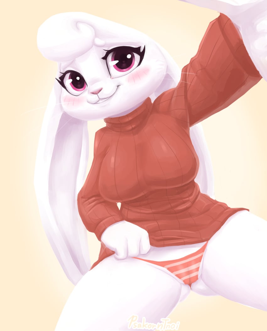 absurd_res anthro breasts cameltoe clothed clothing clothing_lift female fur hi_res lagomorph leporid long_ears looking_at_viewer mammal panties partially_visible_vulva psakorn_tnoi rabbit solo spread_legs spreading sweater teasing topwear underwear white_body white_fur