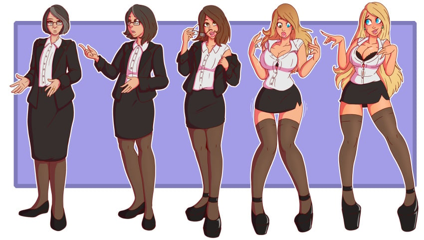 age_regression alpha_channel big_breasts bimbo bimbofication black_jacket black_skirt black_stockings blonde_hair blue_eyes breasts business_suit cleavage female female_only for_sticker_use high_heels midi_skirt miniskirt no_background office_lady pencil_skirt platform_heels png purple_background sequence skirt skirt_suit solo sticker_template stockings tight_skirt transparent_background transparent_png white_shirt wrenzephyr2