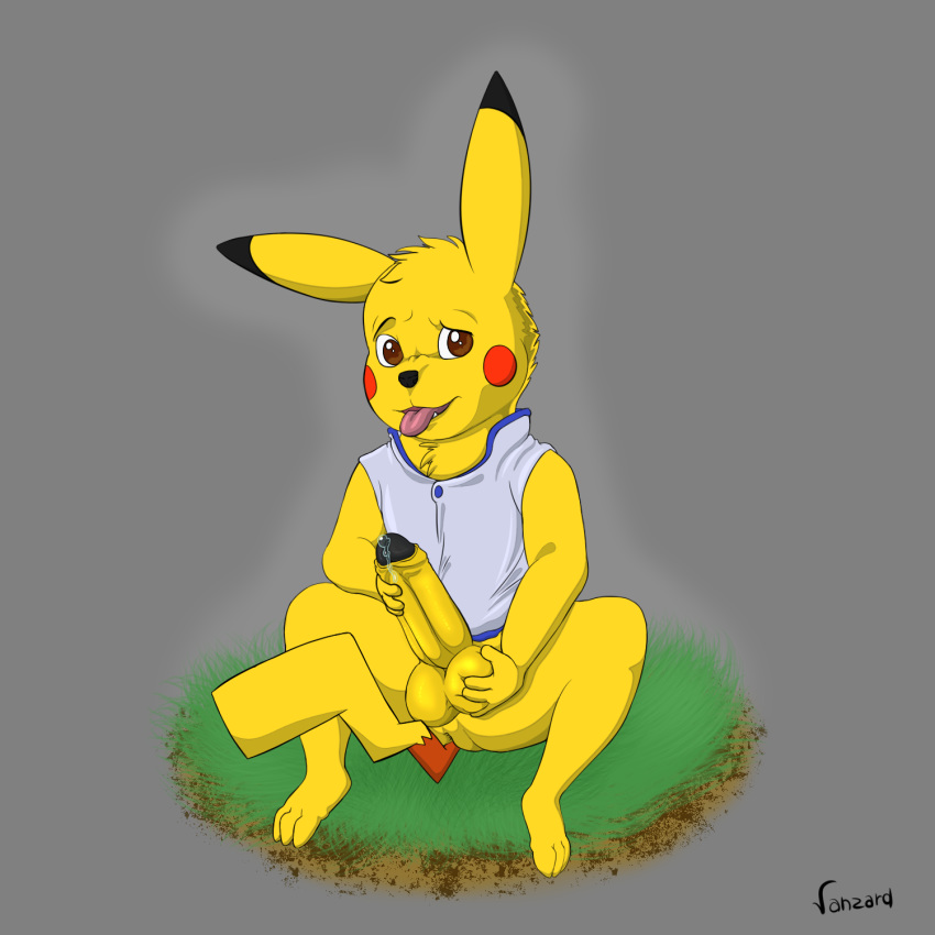 anthro ball_grab balls dripping_precum erection genitals hi_res humanoid_genitalia humanoid_penis looking_at_viewer male male_only nagatsun nintendo penis pikachu pokémon_(species) pokemon sitting solo video_games