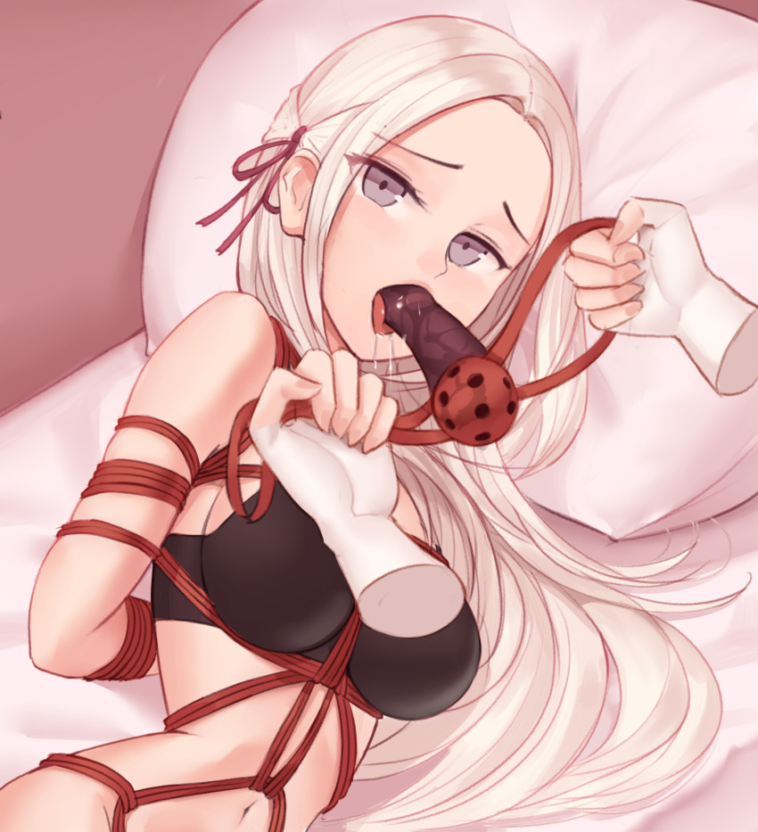 1girls arms_behind_back black_bra black_underwear bondage bra breasts cock_gag deepthroat deepthroat_gag dildo dildo_gag dildo_in_mouth edelgard_von_hresvelg female femsub fire_emblem fire_emblem:_three_houses gag gagged long_hair looking_at_viewer lying_on_bed mouth_gag nintendo on_bed on_side oral petite pillow rope rope_bondage saliva sex_toy submissive submissive_female teenager throat_training tied_up tongue tongue_out underwear white_hair