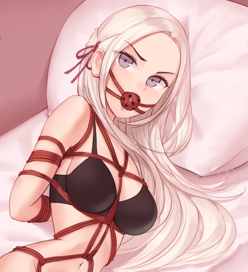 1girls anonymous_artist arms_behind_back ball_gag bed black_bra black_underwear bondage bra breasts dildo dildo_gag dildo_in_mouth drooling edelgard_von_hresvelg female femsub fire_emblem fire_emblem:_three_houses gag hair_ornament long_hair looking_at_viewer midriff mouth_gag navel nintendo on_bed pillow purple_eyes rope rope_between_breasts rope_bondage saliva sex_toy shibari_over_clothes underwear uzga white_hair