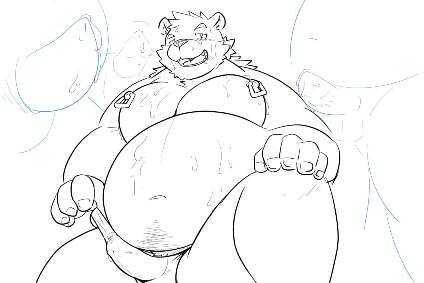 2020 anthro bear_2key belly bulge erection genitals group humanoid_hands kemono male male/male mammal moobs nipples overweight overweight_male penis solo ursid