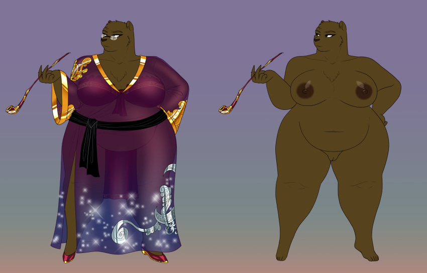 anthro belly big_breasts bra breasts chest_tuft clothed clothing crovirus curvy_figure dark_nipples eyewear female footwear genitals glasses hand_on_hip hi_res high_heels loincloth mammal navel nipples nude overweight overweight_female pussy sedna_oakwood_(character) shoes simple_background smoking_pipe solo thick_thighs translucent translucent_clothing tuft underwear ursid voluptuous wide_hips