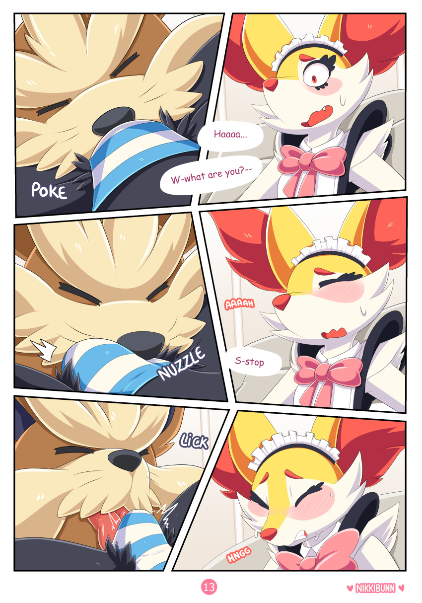 absurd_res anthro blush braixen bulge bulge_lick canid canine clothed clothing comic crossdressing crotch_sniffing cute_fangs ellie_the_braixen erection feral girly hair hi_res licking maid_headdress maid_uniform male male/male mammal nikkibunn nintendo panties pattern_clothing pattern_underwear pokémon_(species) pokemon pokemon_(species) sniffing stoutland striped_clothing striped_panties striped_underwear stripes tongue tongue_out underwear uniform video_games