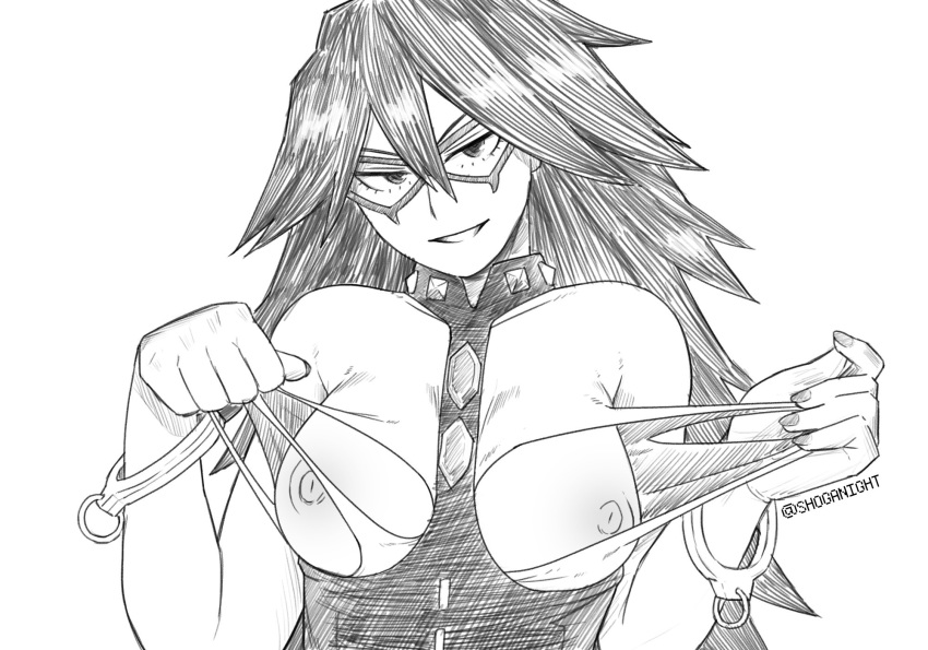 1girls areolae big_breasts black_hair bodysuit breasts breasts_out busty clothing erect_nipples female female_focus female_only handcuffs hero_outfit_(mha) hourglass_figure huge_breasts large_breasts long_hair looking_at_viewer mask midnight_(my_hero_academia) monochrome my_hero_academia nemuri_kayama nipples overflowing_breasts pose posing ripped_bodysuit ripped_clothing shoganight skin_tight solo spiky_hair superheroine torn_bodysuit