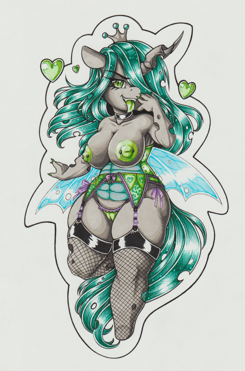 2020 absurd_res accessory anthro anthrofied areola arthropod big_nipples breasts camel_toe changeling chibi clothing collar female fishnet fishnet_legwear friendship_is_magic furry garter garter_belt garter_straps green_hair hair heart hi_res legwear lingerie longinius mammal my_little_pony nipple_piercing nipples panties piercing queen queen_chrysalis_(mlp) royalty simple_background solo stockings thigh_highs thong tongue tongue_out traditional_media_(artwork) underwear white_background wide_hips