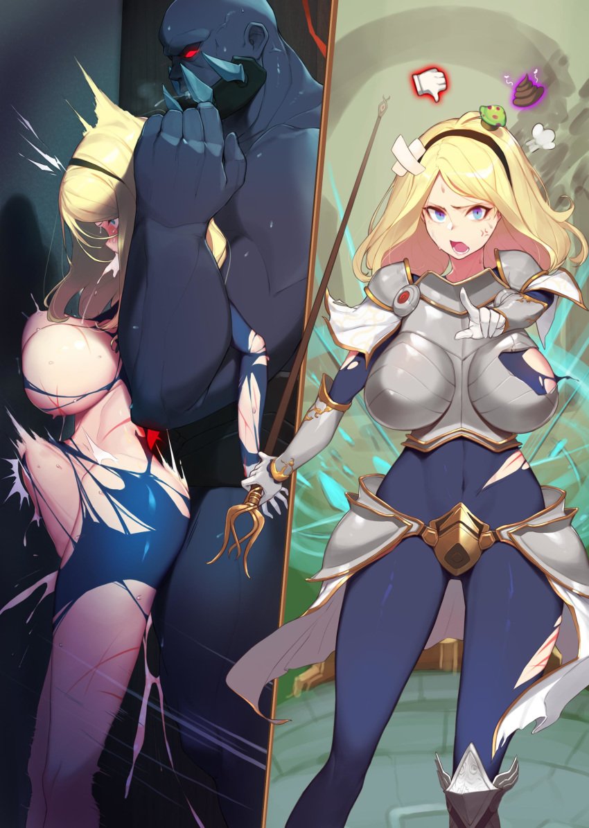 1boy 1girls armor before_and_after blonde_hair breasts comic cum defeated distended_belly distension female instant_loss instant_loss_2koma league_of_legends luxanna_crownguard maledom rape ryona sion stomach_bulge torn_clothes warrior yanje